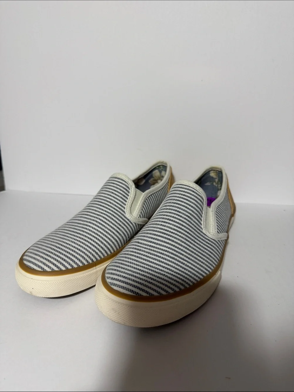 Margaritaville Navy & White Striped Slip-On Sneakers with Tan Trim